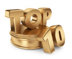 Golden top 10 on podium. 3D icon isolated on white background